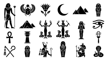 Obraz premium Ancient Egyptian symbol collection featuring gods, pyramids, animals, and sacred icons in black silhouette style on white background