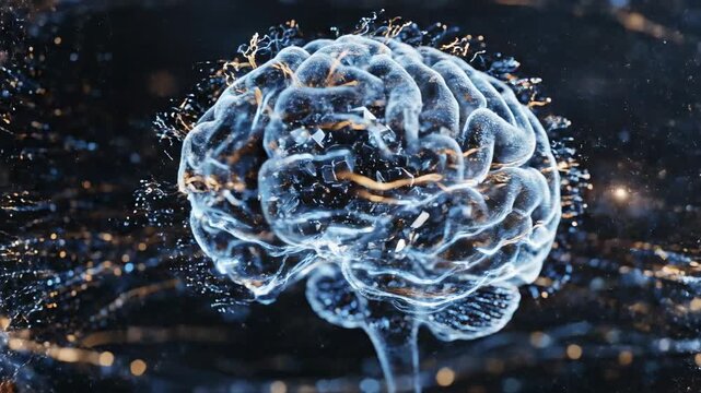 glowing transparent human brain, digital consciousness, neural network, artificial intelligence, mind power, glowing particles, cyberspace