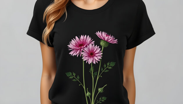 Womens black T-shirt mockup with burdock flowers, hyperrealism. White tone
