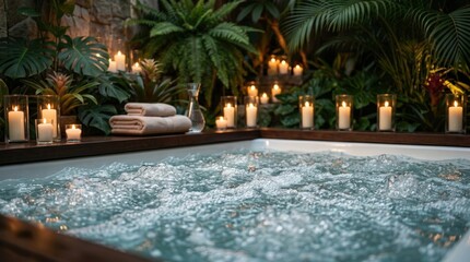 Obraz premium Premium wellness spa center interior background empty hot tub jacuzzi with candles copy space web banner commercial advertising template