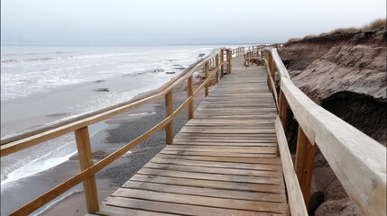 Fototapeta premium Seaside wooden boardwalk along eroded cliffs and calm ocean under overcast sky for background, poster, travel design and coastal landscape concept