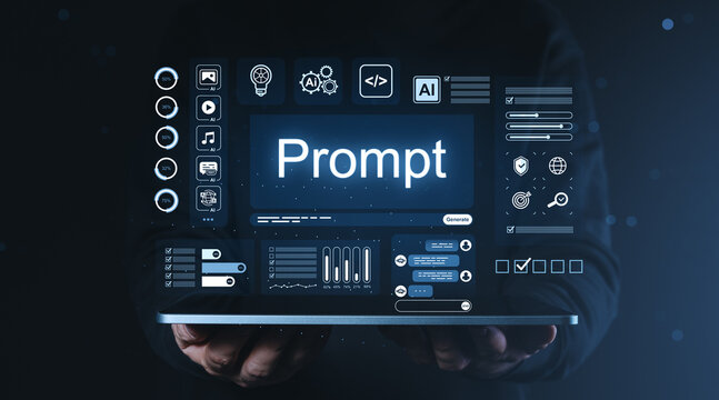 Digital interface with glowing prompt screen held in hands on dark tech background showing futuristic UI elements and data panels for innovation concept.