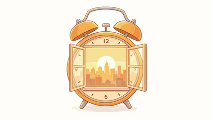 Obraz premium Vintage Alarm Clock Window Revealing Golden City Sunrise: Warm Morning Hopeful Atmosphere