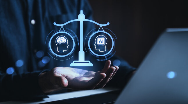 Digital depiction of balanced scales comparing human intelligence and artificial intelligence symbols hovering over a human hand in a glowing technological environment.