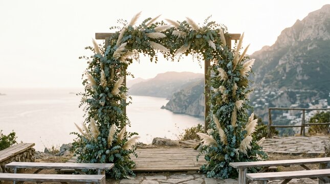 Wedding Arch with Pampas Grass and Eucalyptus on Wooden Platform. Coastal Terrace with Benches Overlooking Mountains and Sea at Sunset