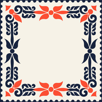 Decorative floral border with a retro, folk art style, set against a cream background, perfect for graphic design projects