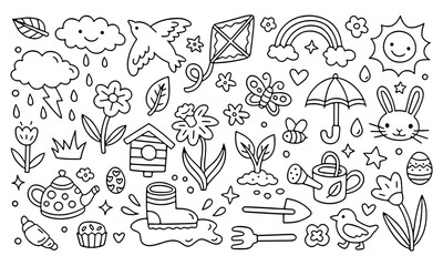 Fototapeta premium Sweet black and white spring doodle collection showcasing nature elements, gardening tools, and whimsical weather icons for creative design, coloring pages, and illustrations