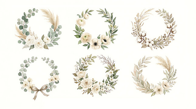 Watercolor Boho Floral Wreaths Collection - Neutral White Rose, Pampas Grass, and Eucalyptus Botanical Frames Set Isolated on Transparent Background