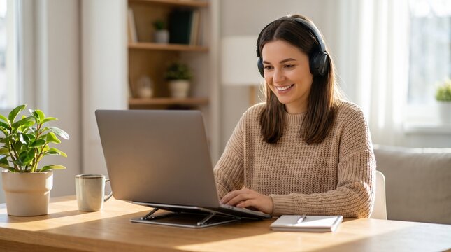Smiling young woman wearing headphones using laptop computer for online learning, virtual meetings, or remote work at a bright home desk.