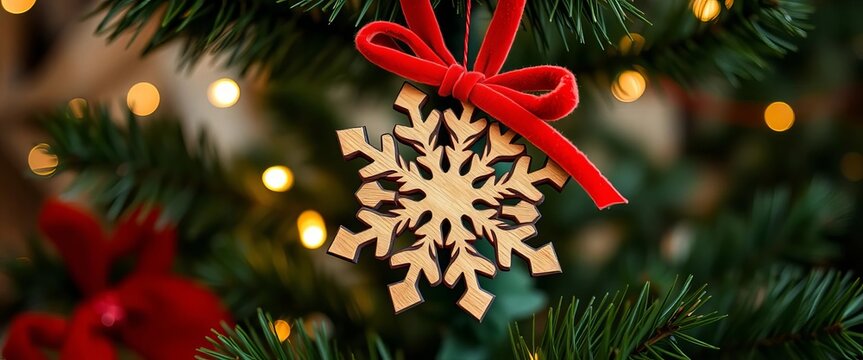 Red velvet ribbon ties a rustic wooden snowflake ornament, perfect for a cozy, natural tree,  velvet,  texture