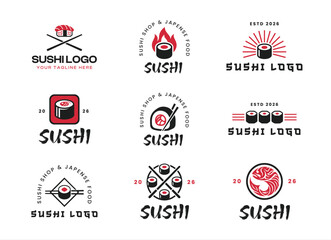 Sushi Logo Collection Template   Japanese Traditional Cuisine Tasty Food Icon   Asian Sushi Bar Vector Logo © Shahzar