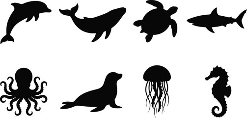 Marine life silhouette collection featuring ocean animals like dolphin, whale, shark, turtle, and octopus © MdBabul