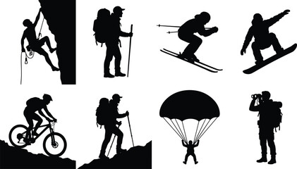 Outdoor adventure and extreme sports silhouette collection featuring hiking, skiing, mountain biking, and rock climbing © MdBabul
