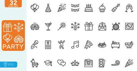 Fototapeta premium Party Vector illustration line editable Icons set. Birthday, dancing, happy new year, week, christmas, event, holidays, carnival, collection. on white background.