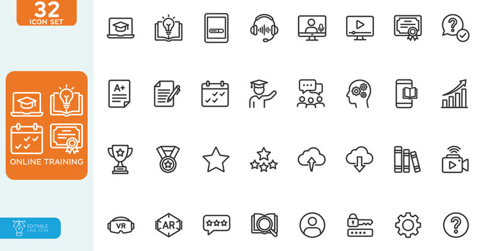 Online Training Vector illustration line editable Icons set. Education, seminar, online test, webinar, course, distance learning collection. on white background.