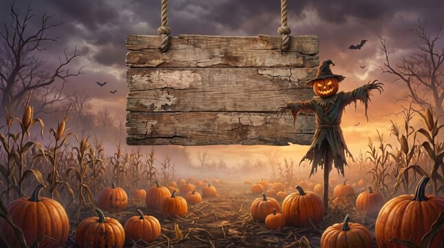 Halloween pumpkin patch background with spooky scarecrow and empty wooden sign hanging on ropes scary autumn cornfield sunset banner mockup