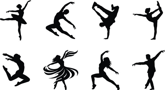 Collection of black dance silhouettes featuring ballet, contemporary, and hip hop dancers in dynamic poses