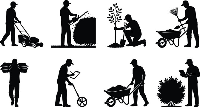 Professional landscaper and gardener silhouette set performing lawn care and yard maintenance tasks