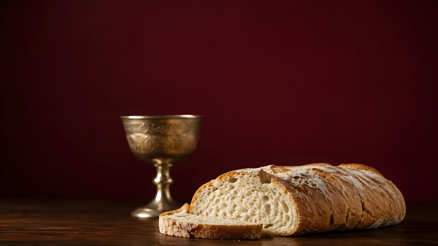 Communion bread and chalice on a wooden table
