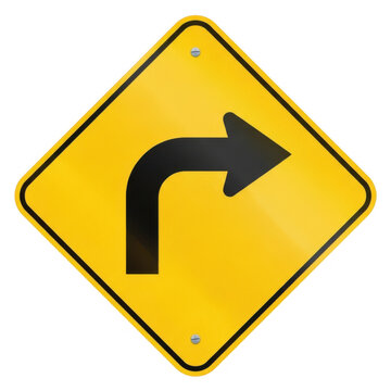 Yellow road sign showing sharp right turn arrow