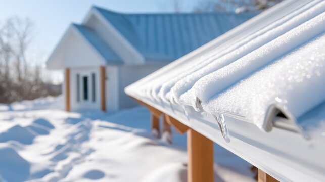 Snowy roof gutter close up with icicles and melting snow for winter maintenance brochure, home care poster and seasonal background