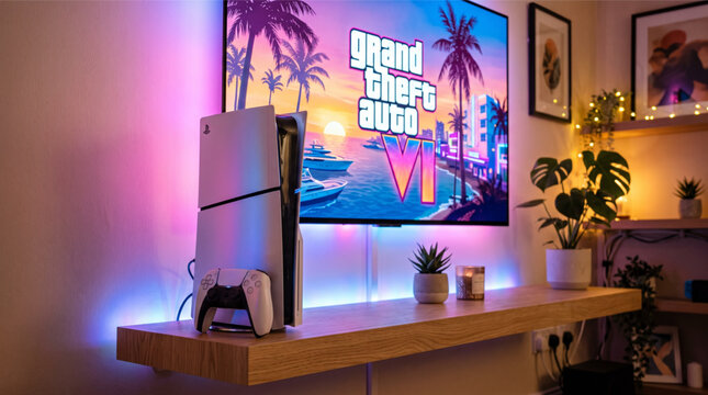 Upcoming Rockstar Games blockbuster GTA VI logo displayed on a 4K TV screen in a cozy modern gaming room setup with a PlayStation 5 console and DualSense controller on a floating wooden shelf.