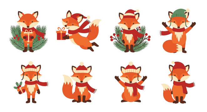 Vector set of eight cute cartoon foxes wearing Christmas hats and red scarves, holding gift boxes with pine branches and berries, isolated on white background for holiday design.