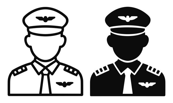 Set of pilot icons in black and white showing aviation uniform with wings badge and cap on transparent background
