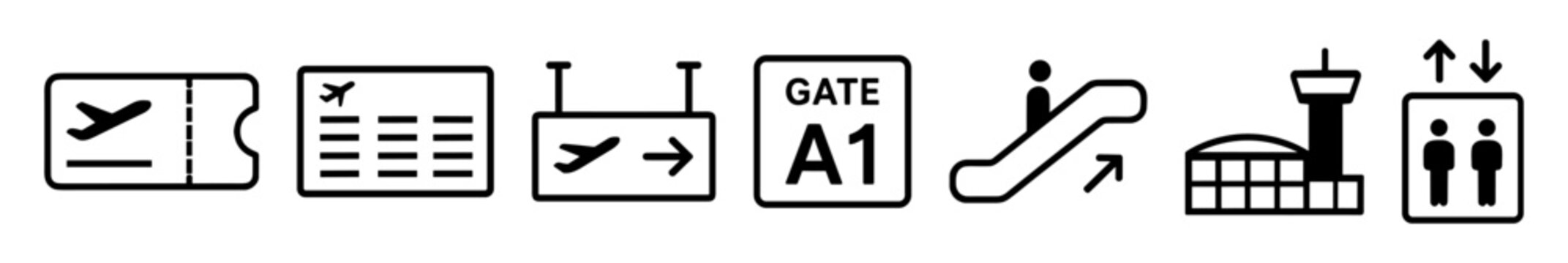 Black line art airport travel icons set including airplane ticket, flight schedule, gate sign, escalator, terminal building, elevator and control tower on transparent background