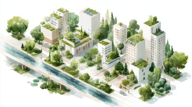 Green modular city model with canals and rooftop vegetation isometric aerial view for sustainable architecture, masterplan presentation and background