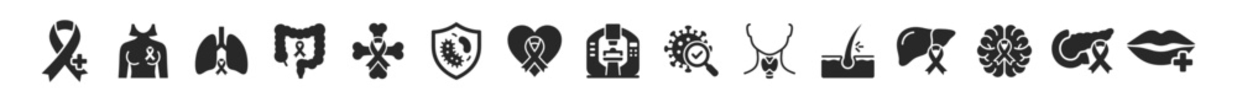 Set of black cancer awareness icons for breast, lung, colon, bone, liver, brain, pancreas, skin, and prostate cancer with health and diagnosis symbols on transparent background