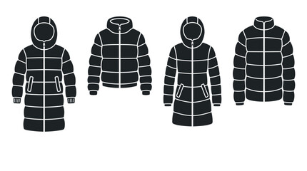 Black Silhouette Of Four Padded Winter Coats On White Background © Siam