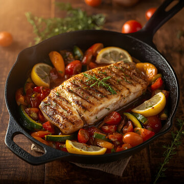 Gourmet sauted fish with citrus glaze and vegetables in a cast iron skillet