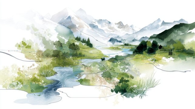 Watercolor mountain landscape with river and flowers in soft pastel tones for poster background and nature illustration design
