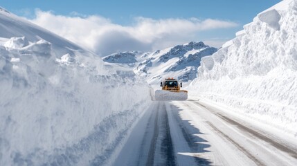 Naklejka premium Snow plow clearing deep mountain pass under blue sky for winter road safety design poster background