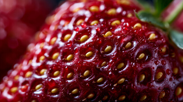 a close up, extreme macro shot of the surface of a ripe strawberry, showcasing its vibrant red skin textured with numerous small, embedded yellow achenes, each slightly raised and