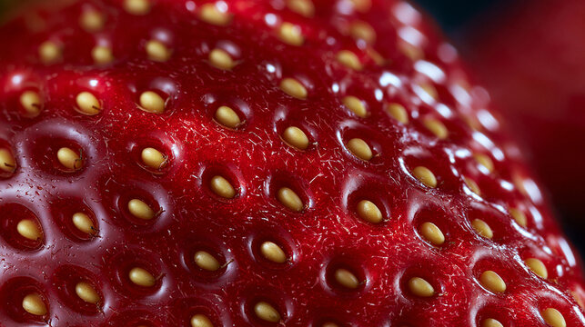 a close up, extreme macro shot of the surface of a ripe strawberry, showcasing its vibrant red skin textured with numerous small, embedded yellow achenes, each slightly raised and