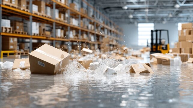 Flooded warehouse interior with floating cardboard boxes and splashing water for emergency logistics insurance design poster background