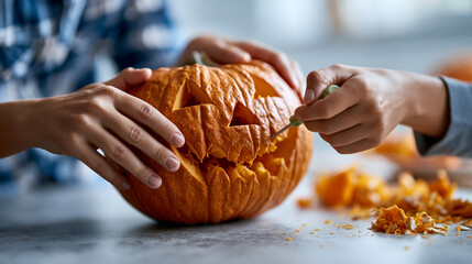 a close up, eye level shot shows two hands carving a halloween pumpkin. the hands are fair skinned. the pumpkin is orange and has most of a jack o lantern face carved into it. a sm