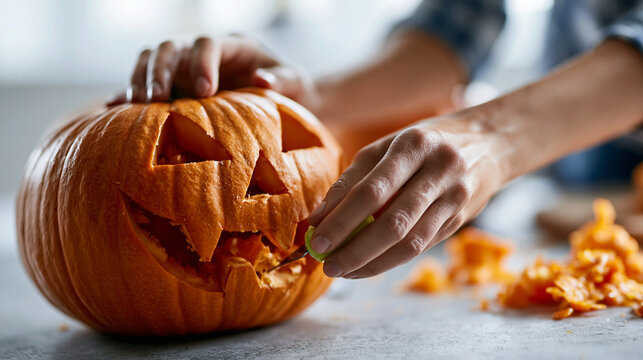 a close up, eye level shot shows two hands carving a halloween pumpkin. the hands are fair skinned. the pumpkin is orange and has most of a jack o lantern face carved into it. a sm