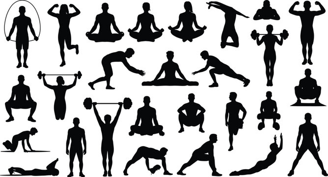 Fitness exercise silhouette icons yoga poses, workout activities, running stretching squats meditation pushups plank weights jumping rope vector illustration