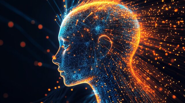 Digital human head profile constructed from glowing blue and orange data particles representing advanced artificial intelligence and neural network processing
