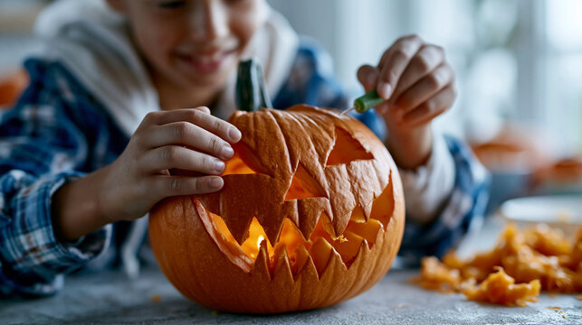 a close up, eye level shot shows two hands carving a halloween pumpkin. the hands are fair skinned. the pumpkin is orange and has most of a jack o lantern face carved into it. a sm