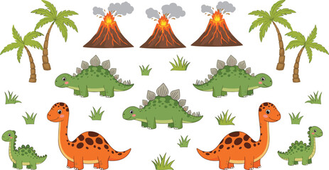 Collection of Cute Dinosaur Character Vector Illustration Set with Erupting Volcanoes and Palm Trees for Kids Prehistoric World Nature and Jurassic Education Design © Moklesur