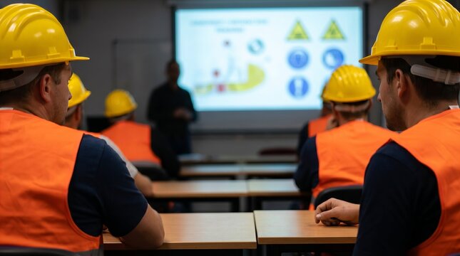 Construction workers seated in training classroom, watching presenter present safety training, wearing protective helmets, workplace compliance education, professional learning environment