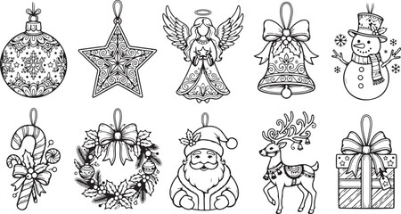 Naklejka premium Christmas ornaments line art collection featuring bauble star angel bell snowman candy cane wreath santa claus reindeer gift black and white vector.