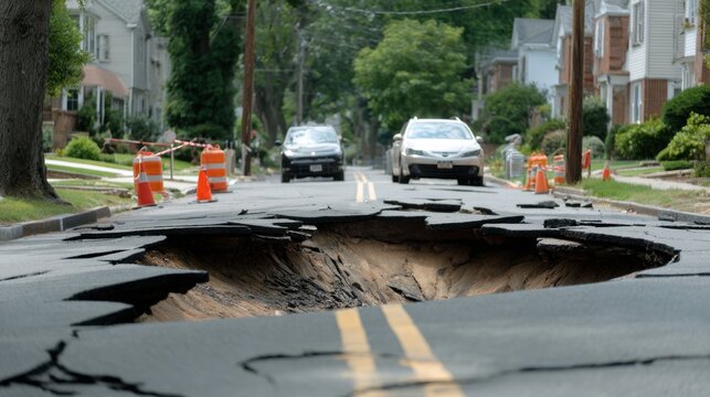 Collapsed road sinkhole with broken asphalt and traffic cones in a residential street for emergency reporting, infrastructure inspection and safety design background