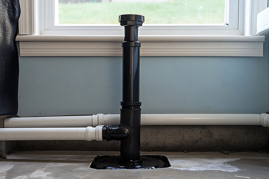 Black metal jack stand supporting plumbing pipes near basement window.