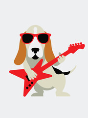 Naklejka premium Adorable beagle dog wearing sunglasses enthusiastically playing a cool red star shaped electric guitar