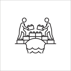 Obraz premium two human figures building a bridge together over water, each holding blocks, stylized illustration symbolizing cooperation, teamwork, and connection.